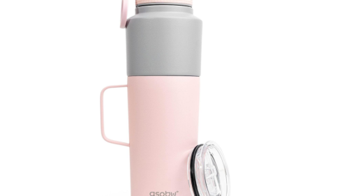 Asobu Insulated Water Bottle Flask with Straw Lid 30 Ounce and Insulated Stainless Steel Coffee 20 Ounce Mug Attached Twin Pack (Pink)